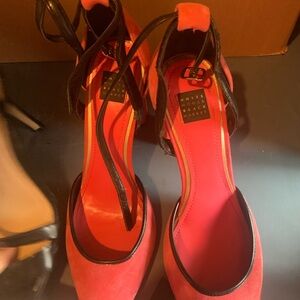 White House Black Market Salmon and Black Strappy Heels